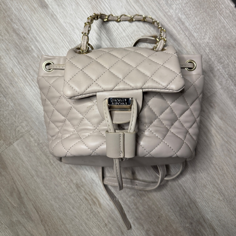 Badgley Mischka Quilted Taupe Backpack with Gold Chain